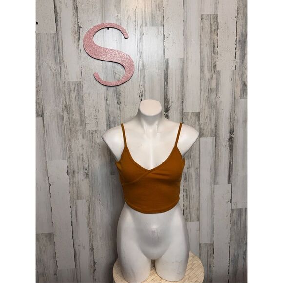 Bozzolo Mustard Ribbed Spaghetti Strap Crop Top Women’s Small Basic Stretch Cami - Picture 1 of 5